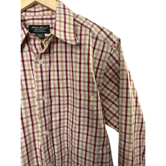 Eddie Bauer Red & Tan Relaxed Fit Wrinkle Resistant Button-Up Shirt Medium - Picture 4 of 6